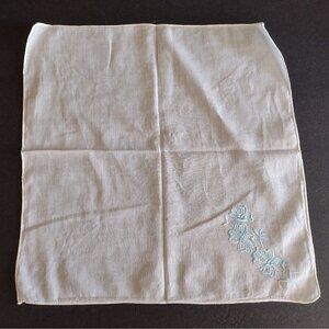 Vintage Cotton Hankie Hankerchief White Embroidered Blue Floral Flower Edge